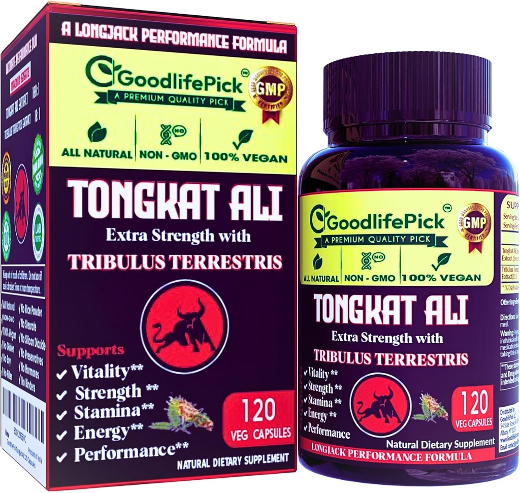 Extra Strength Tongkat Ali con Tribulus Terrestris. Poderoso (100:1) Longjack/Tongkat Ali Extra Extra. 120 Veg Capsules Tongkat Ali para Hombres.Todo Natural, No-GMO, Vegan, No Stearate, No Rice Powder