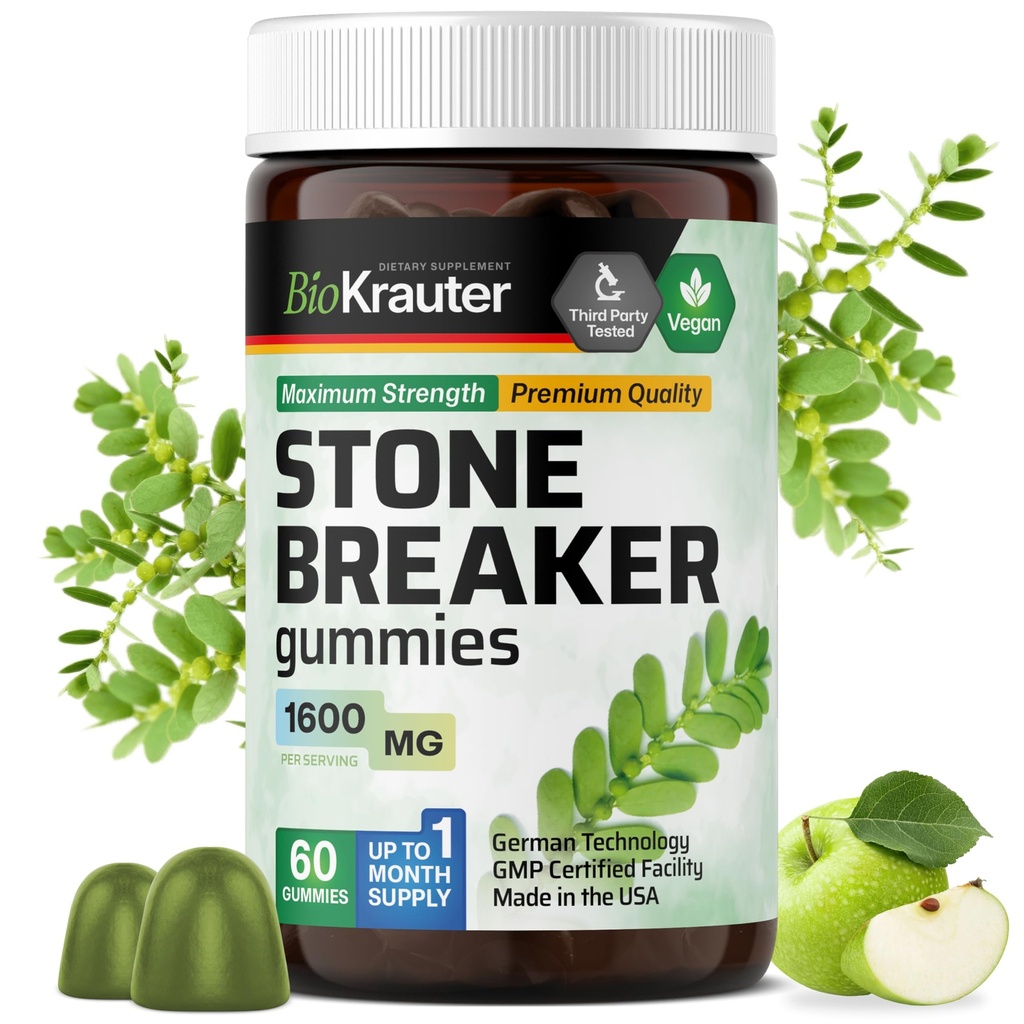 BIO KRAUTER Chanca Piedra Breaker Gummies - 1600 mg Fuerza - 60 Chews veganos - Natural Kidney &amp; Gallbladder Cleanse Suplemento