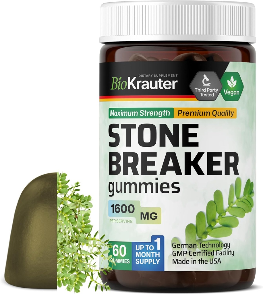 BIO KRAUTER Chanca Piedra Breaker Gummies - 1600 mg Fuerza - 60 Chews veganos - Natural Kidney &amp; Gallbladder Cleanse Suplemento