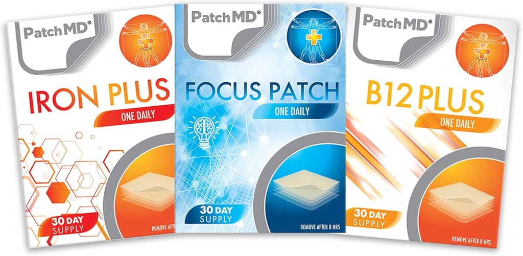 Iron Plus, B12 Energy Plus, " Focus Topical Patch Bundle - 30 Days Supply