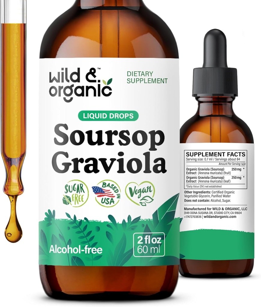 Wild & Organic Soursop Graviola Liquid Drops - Guanabana Leaves & Soursop Fruit Tincture for Antioxidant Support - Graviola Leaf Extract Supplement - Vegan, Sugar &amp; Alcohol-Free - 2 fl oz