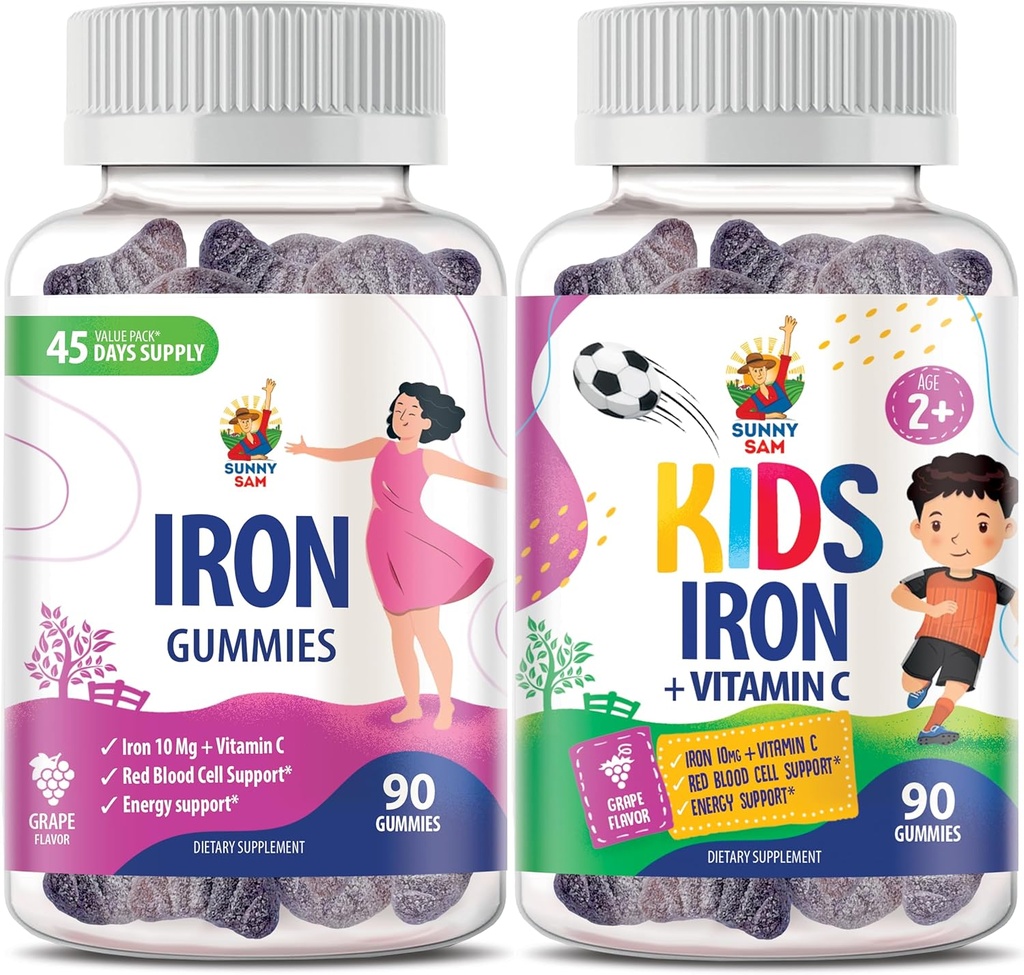 SUNNY SAM Iron Gummies for Kids &amp; Adults - Vitaminas de hierro con vitamina C, 10 mg por ser - Iron Chewable Fruit Gummy for Immune Support Red Blood Cell Production