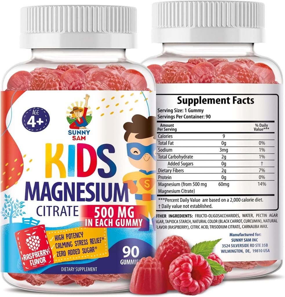 Sugar-Free Magnesium Gummies for Kids & Teens - 500mg Calm Magnesium Citrate - Chewable Magnesium Gummy Supplement for Sleep, Mood & Muscle Support - 90 Gummies