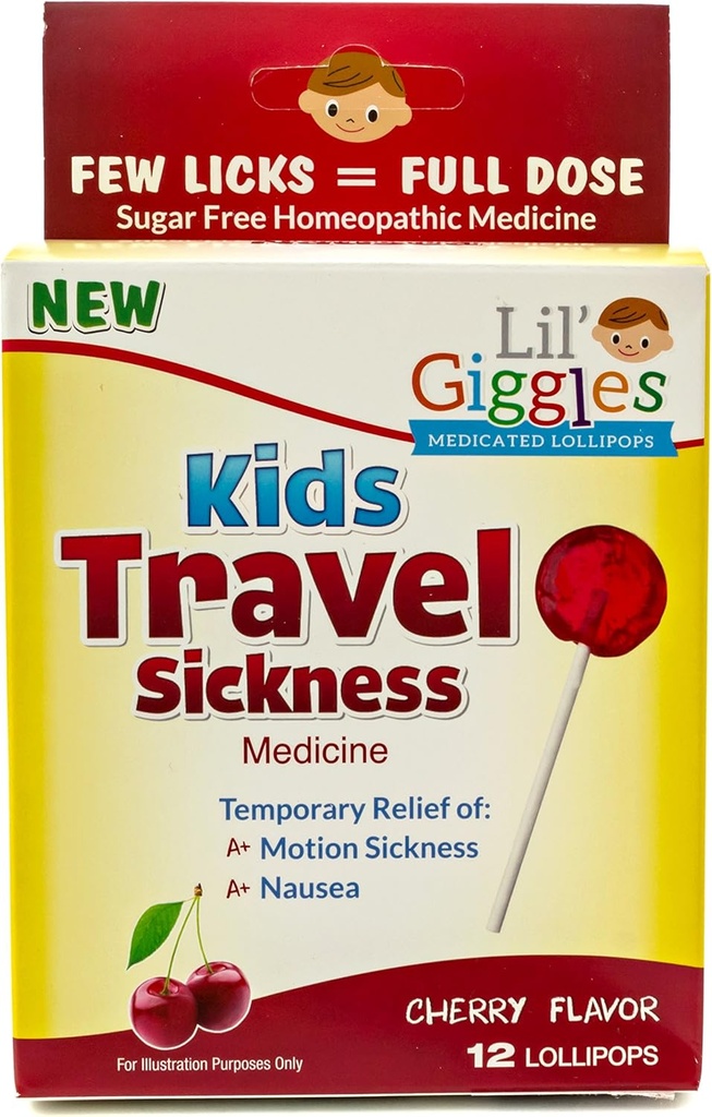 Lil' Giggles Kids Medicated Lollipops - Sweet Gentle Relief for Kids & Non-drowsy - for Car Sickness, Travel Nausea &amp; Motion Sickness Relief - Homeopathic Remedy Children's Love - Cherry Flavor 12 CT