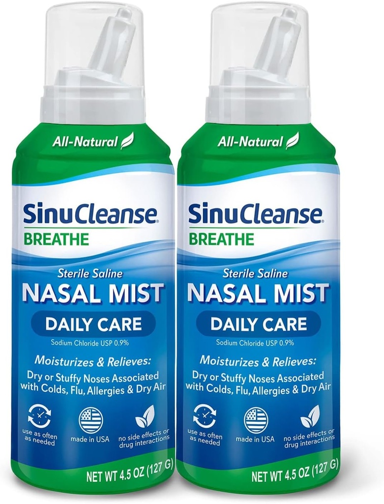 SinuCleanse Daily Care Sterile Saline Nasal Spray, Ultra Fine Mist, Instantly Moisturizes " Relieves Everyday Nasal Congestion Due to Colds " Dry Air, 4.5 Oz (2 Pack), Made in USA