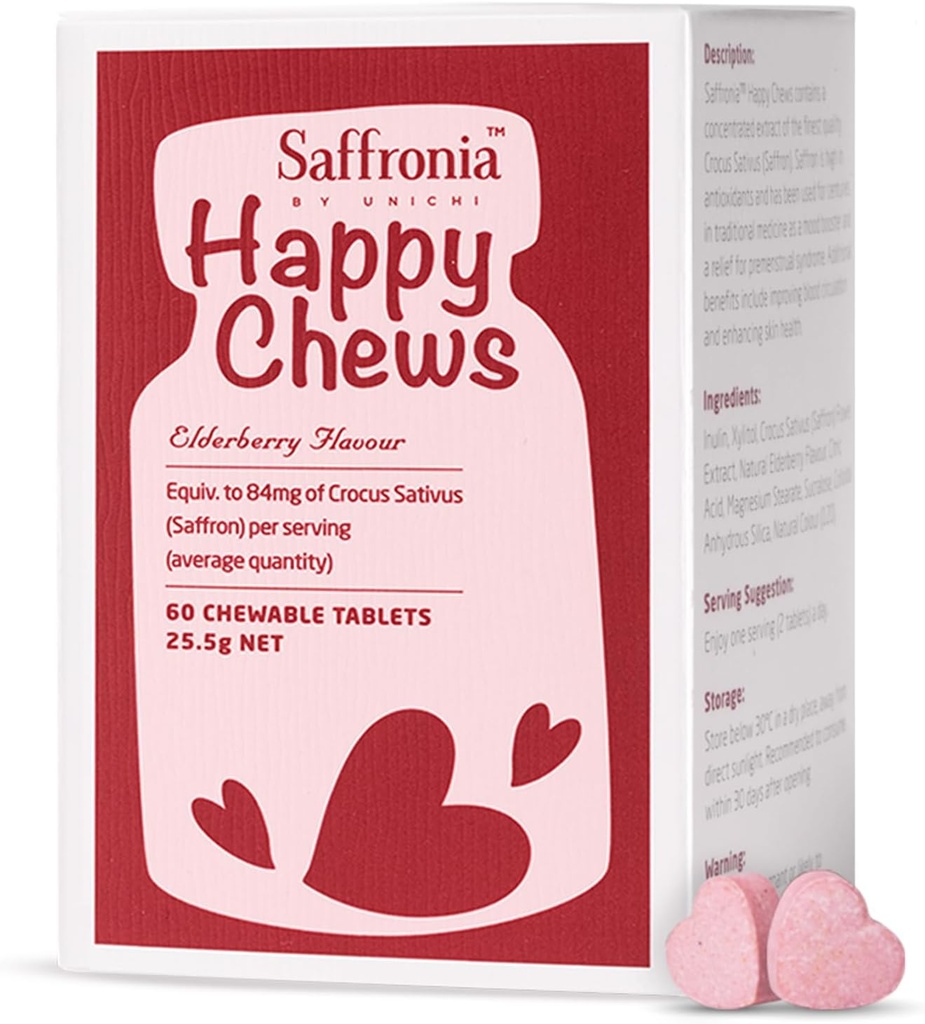Unichi Saffronia Happy Chews, Saffron Supplement for Mood Balance Support and Stress Reduction, Elderberry Flavour, 60 Tablets