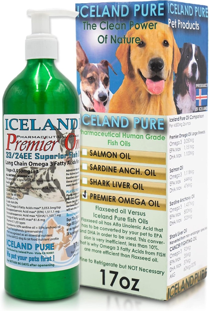 Premier Omega Petróleo Suplemento por Islandia Puro Silencioso Atrapado Ø 3053mg de Omega-3 por cucharada de té Silencio para grandes pechos de perros Silencio Ethyl Ester Distillation  Pump Bottle BPA Free Brushed Aluminum 17Oz