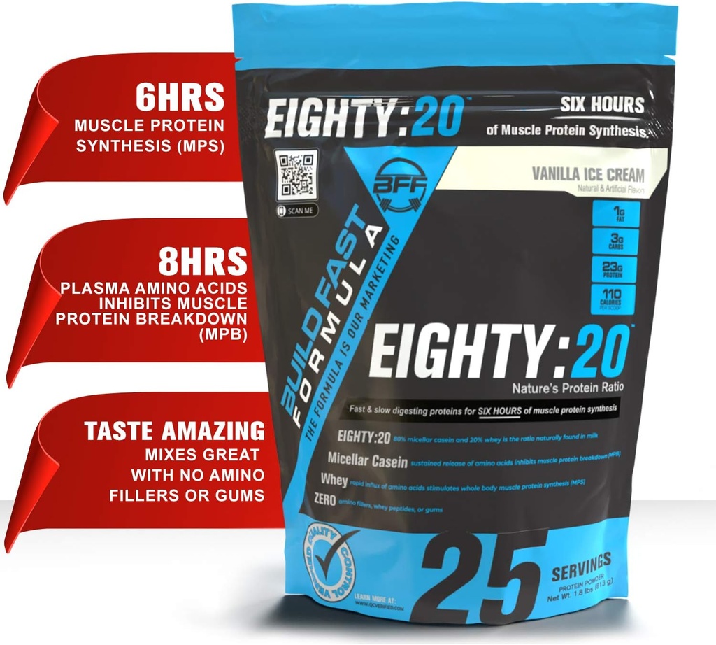 Eighty:20 Protein Powder Casein " Whey Blend TEN Fast " Slow Digesting Proteins for 6 Hours Muscle Protein Synthesis for Men " Women TEN Keto Friendly " Great Tasting (Vanilla Ice Cream)