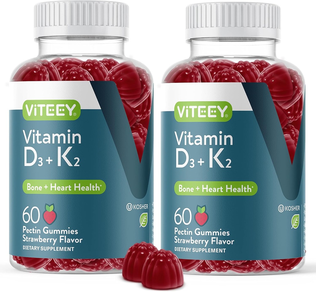 VITEEY Vitamin D3 K2 Gummies - 1000 IU Vitamin D3 and K2 100mcg - Bone & Heart Health for Adults and Teens - Vegetarian, Gelatin Free, GMO Free - Tasty Chewable D3K2 Vitamins Strawberry Flavored Gummy