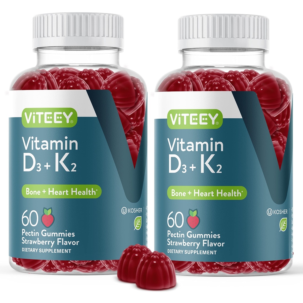 VITEEY Vitamina D3 K2 Gummies - 1000 UI Vitamina D3 y K2 100mcg - Hueso & Corazón Salud para Adultos y Adolescentes - Vegetariano, Gelatina Gratis, GMO Gratis - Tasty Chewable D3K2 Vitaminas Strawberry Flavored Gummy