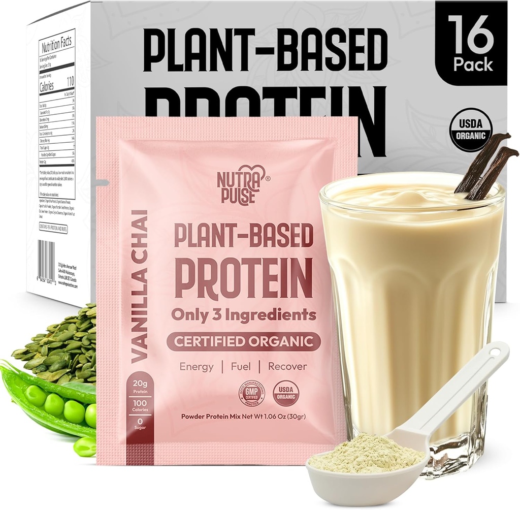 Vainilla Chai Vegan Protein Powder Sample Pack – 20g Orgánica Proteína de base vegetal – NutraPulse – Libre de gluten, libre de soja, no GMO – Limpio &amp; fácil de digerir – Smoothie Friendly – 16 Single Servings