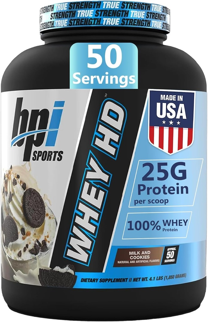 BPI Sports Whey HD Ultra Premium Protein Powder Isolate ¦ Workout Whey Protein Powder para Hombres &amp; Mujeres para la Ganancia Muscular ← Milk Protein Concentúa la leche y las cookies, 4.07 libras