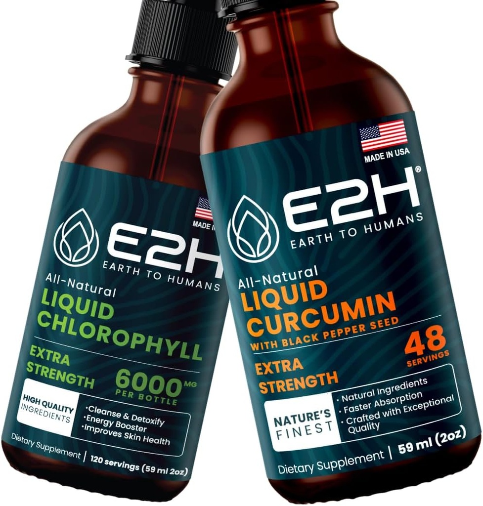 E2H: Clorofila líquida y turmérica líquida Curcumin ANTE Vegan, Non-GMO - 2 Fl Oz Cada (4 Fl Oz Total) - Bundle