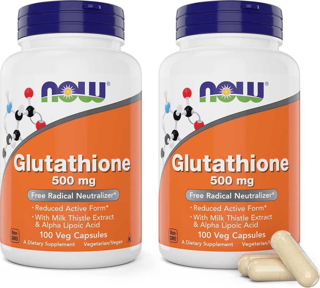 Ahora Glutathione 500 mg, 100 cápsulas veganos (Pack of 2) - Formulario reducido Suplemento GSH - Mejorado con extracto de cardo de leche y ácido lipoico alfa