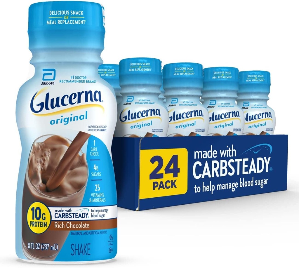 Glucerna Original Diabetes Care Shake, Rich Chocolate, Diabetic Meal Replacement to Support Blood Sugar Management, 10g Protein, 180 Calories, Listo para beber, 8-fl-oz Bottle, 24 Pack