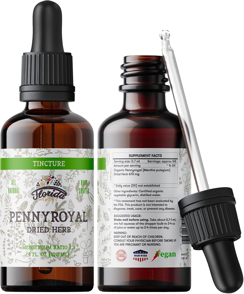 Tintura pennyroyal, Extracto pennyroyal orgánico (Mentha pulegium) Hierba seca, no transgénico en glicerina vegetal orgánica prendida en frío 2 oz, 670 mg