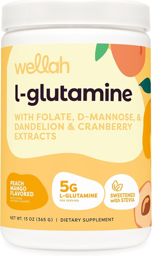 Wellah L-Glutamine Peach Mango (50 Servings) - 5g L-Glutamina Por Serving, Endulzado con Stevia