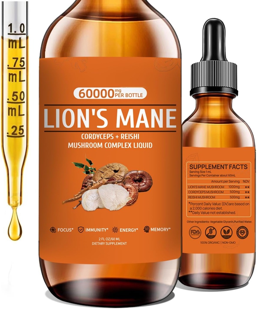 Lions Mane Mushroom Suplemento para la memoria, Focus &amp; Clarity, Mushroom Suplemento con Lion's Mane, Cordyceps, Reishi for Natural Immune Support, Non-GMO, Vegan, hasta 2 meses de suministro