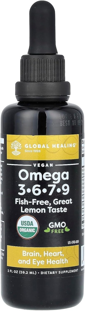 Global Healing Organic Omega 3 6 9 and 7 (Seaberry CO2 Extract) - Fish-Free, Non-GMO Omega 3 Suplemento para Hombres, Contiene Perilla Semillas " Flaxseed Oil - Fish Oil Alternative - 2 Fl Oz