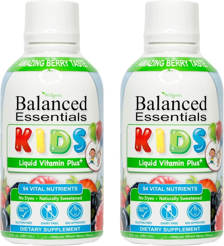 Wellgenix Esenciales Equilibrados Niños Vitamina Líquida - Multivitamina Nutricional para Comedores de Picky - Boost de Inmunidad Infantil &amp; Salud Global -16oz (Pack of 2)