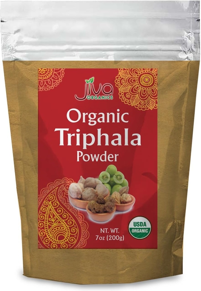 Jiva Organics Organic Triphala Powder 7 Ounce Bag - Ground Amla, Bhibitaki y Haritaki Fruits Blended, 100% Natural &amp; Non-GMO