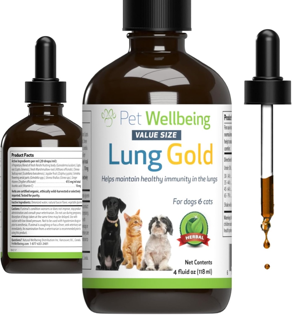 Pet Wellbeing Lung Gold for Dogs & Cats - Vet-Formulated - Lung &amp; Respiratory Immune Support, Open Airways, Easy Breathing - Natural Herbal Suplemento 4 oz (18 ml)
