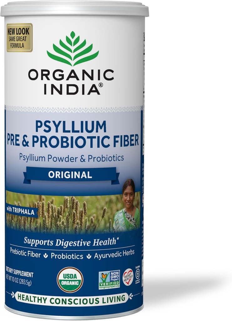 ORGANIC INDIA Psyllium Husk Powder - Pre & Probiotic Fiber Supplement, Organic Psyllium Husk Fiber Supplement, Whole Psyllium Husk Powder Unflavored, Dietary Fiber, USDA Organic, Gluten Free - 10 Oz