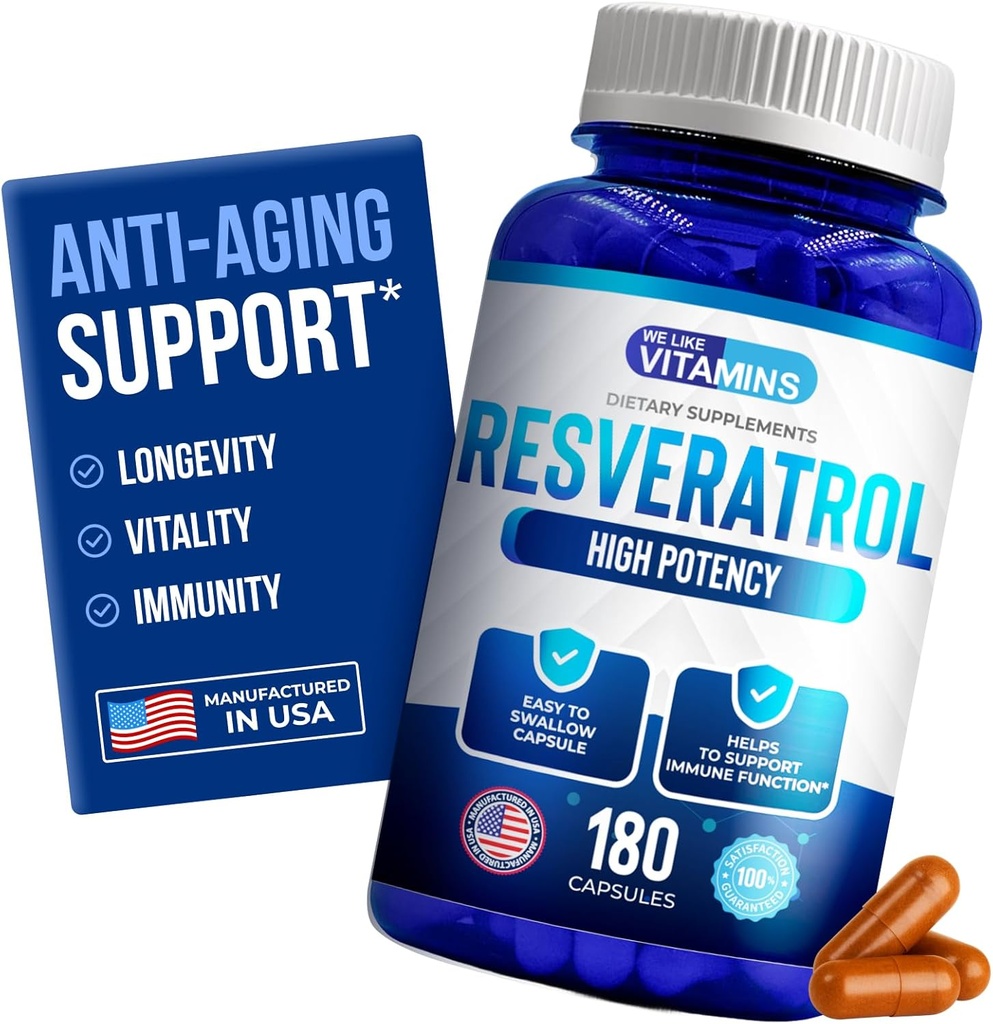 Nos gusta vitaminas Resveratrol 1000mg por servicio - 180 cápsulas de verduras fáciles de absorber - Suplemento de Resveratrol natural 1000mg - Suplementos antioxidantes Ayuda Apoyo Anti-Aging y Sistema Inmunitario