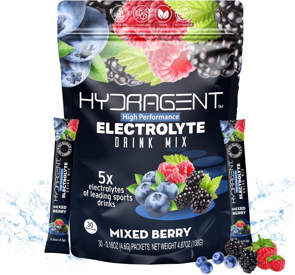 Electrolyte Replacement Stick Packs. Cero azúcar, electrolitos de alto rendimiento. Más de 1000 mg Salts Plus Magnesio y Potasio. Minerales clave para la hidratación. (Mixed Berry)