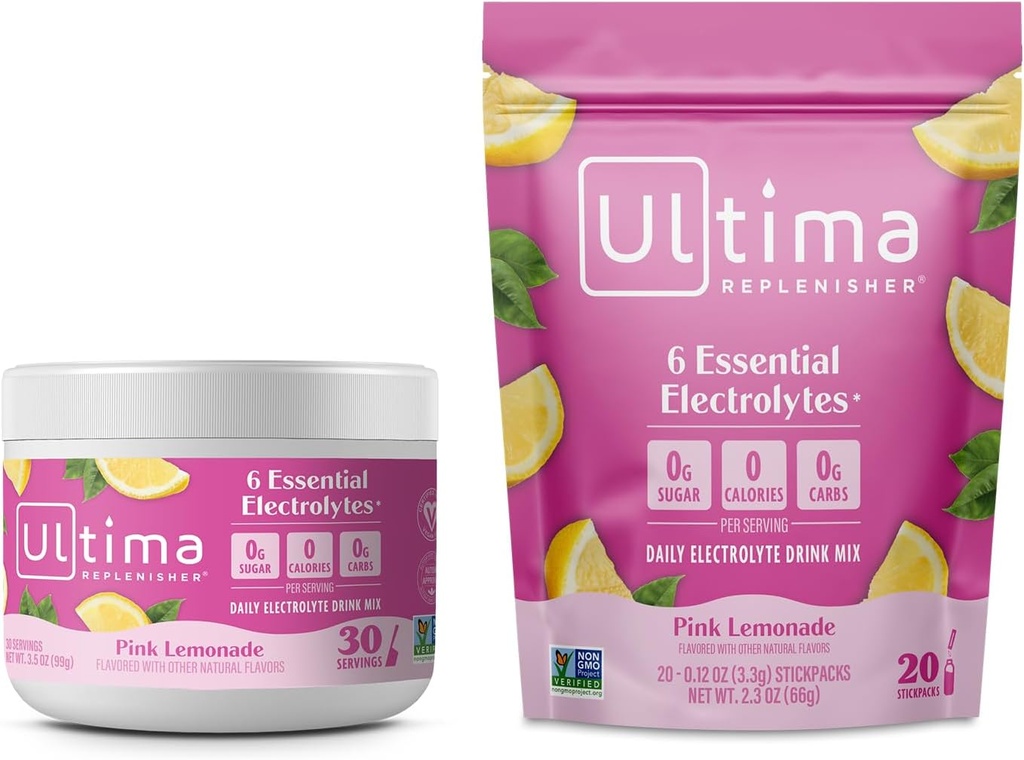 Ultima Replenisher Electrolyte Powder Drink Mix Bundle – Sugar Free – Pink Lemonade, 30 Serving Canister y 20 Stickpacks – 6 Electrolytes and Minerals – Keto Friendly, Vegan, Non-GMO
