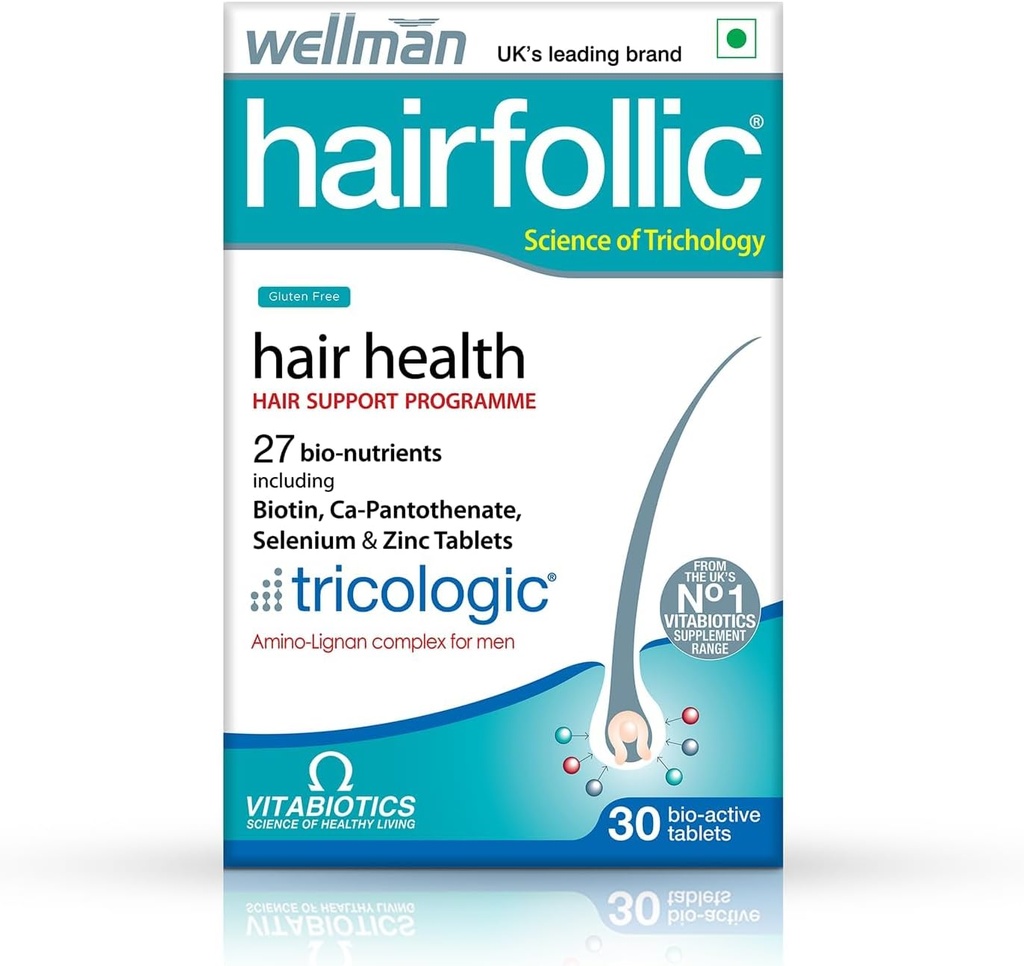 Wellmaan Hairfollic Hair Suplementos para Hombres con zinc, selenio, lignanos que soportan el crecimiento del cabello, proporcionar fuerza a las raíces del cabello ¦ Vegetarian 30 Tablets