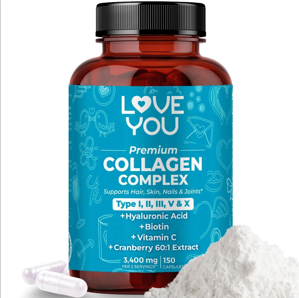 Love You Premium Collagen Complex – Tipos I, II, III, V & X – Hair, Skin, Nails, Joints & Gut Support – Hidrolyzed Bovine Collagen Peptides – Grass-Fed, Non-GMO, 120 Capsules, USA Made