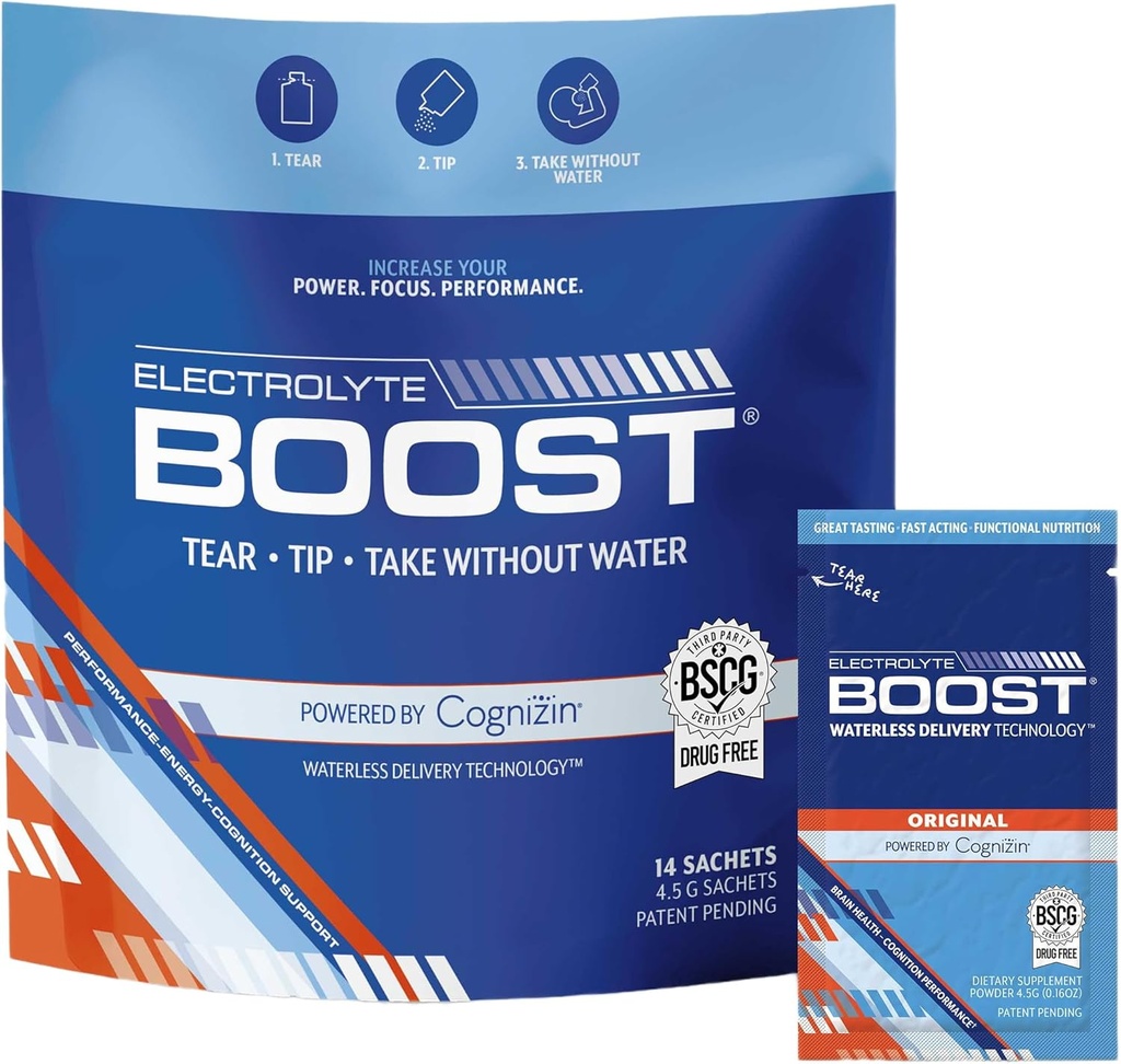 Empaquetaduras de polvo de electrolito con cognizin sin agua, suplemento de hidratación, sin azúcar, sin Stevia, sin cafeína, sin necesidad de agua, disuelve en la boca, 14 Pack