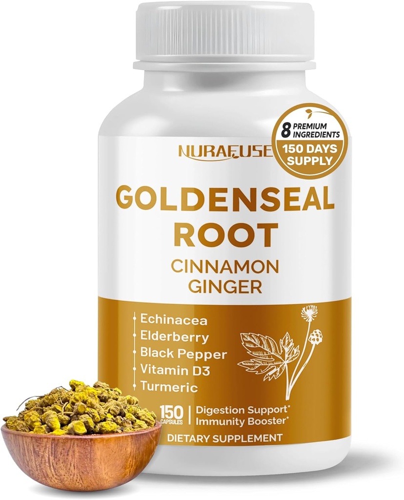Goldenseal Root 8-in-1 Fórmula - con Cinnamon Ginger Echinacea Elderberry Black Pepper Vitamin D3 - No GMO, libre de gluten, libre de soja