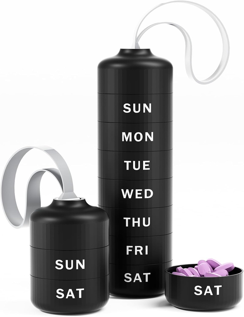 Betife Cute Pill Organizer, Cute Weekly Pill Box for Travel, Cute Daily Pill Case 7 Day, con 7 Grandes Compartimientos Stackable, Sturdy ABS Pill Holder for Vitamin Supplement Medicine (Black)