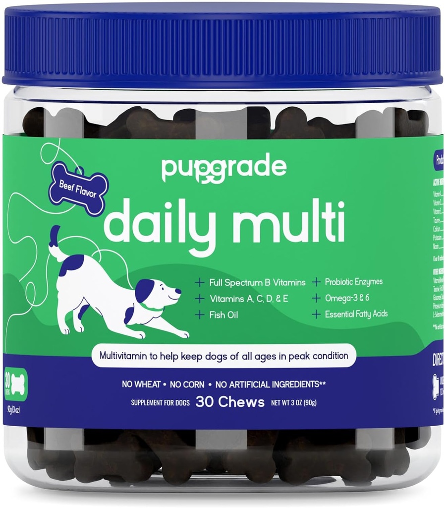 PupGrade Daily Multivitamin for Dogs - Suplemento Todo-en-Uno para Salud Digestiva, Inmune, Esquí y Carne - 32 Nutrientes saludables, Enzimas probióticos, aceite de pescado Omega, vitaminas A, C, D &amp; E - 30 cerdas suaves