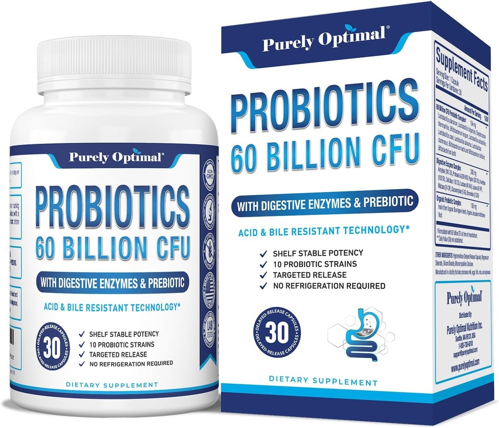 Probióticos Premium Puramente Optimal 60 Billones CFU w / Prebióticos orgánicos & enzimas digestivas