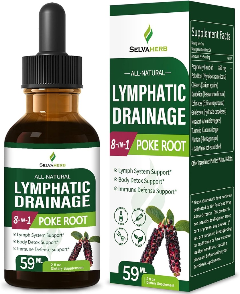 Tiradas de drenaje linfático para soporte del sistema de Lymph, Body Detox &amp; Immune Defense Support Herbal Suplementos con Poke Root (Phytolacca Americana) Cleavers Dandelion Echinacea Extract. 2oz