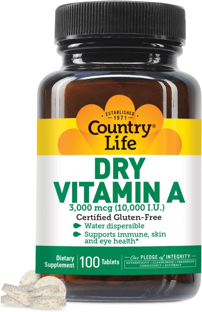 Vida País Vitamina A 10,000 UI - Apoyo Inmunitario, Suplemento de Salud Ocular, Gratificado Gluten-Free, Vegan, Halal, Kosher, 50% Beta-Caroteno & 50% Retinyl Palmitate, Easy Absorption - 100 Tablets