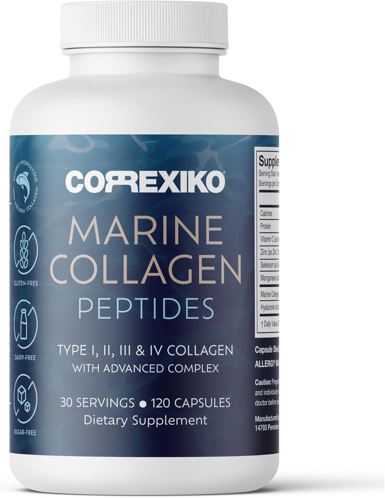 CorreXIKO Marine Collagen Supplement Pills - 1800mg Hidrolyzed Collagen Peptides per Serving with Añadido Hyaluronic Acid, Vitamin C & Minerals - for Hair, Skin & Nails - 120 Capsules 30 Day Supply