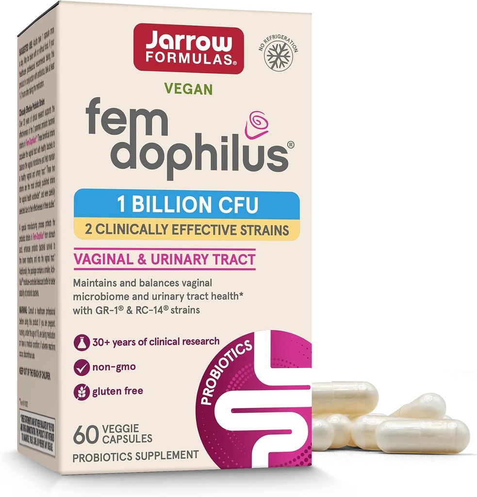 Fórmulas de Jarrow Fem-Dophilus Vaginal Probiotics 1 Billion CFU con 2 Estrechos Basados en las ciencias, Suplemento dietético para el apoyo a las trampas vaginales y urinarias, 60 cápsulas, hasta un suministro de 60 días, estante-estable