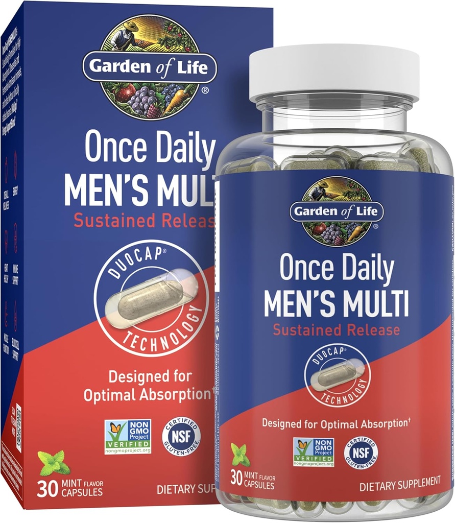 Jardín de la vida Una vez Multivitamina diaria para hombres con vitamina D3 para la función óptima del musculo & soporte de sistema inmunológico, apoyo energético Blend con K2, Gluten Free, non-GMO, Mint Essenced, 30 Day Supply