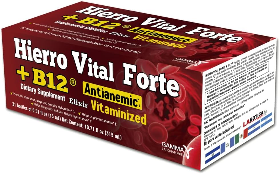 + B12 Suplemento dietético - Anti anémico, vitaminado, promueve la absorción, el uso y la elaboración de proteínas, 21 Botellas (0.51 fl oz cada uno)