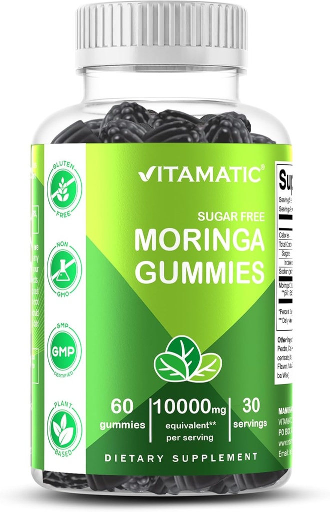 Vitamatic Sugar Free Moringa Gummies – 10,000 mg Equivalente por Serving (a partir de 200 mg de 50:1 Extracto) – Suplemento Verde Superalimentario – 60 Gummies Veganas de base de Pectin – No Sugar Añadido