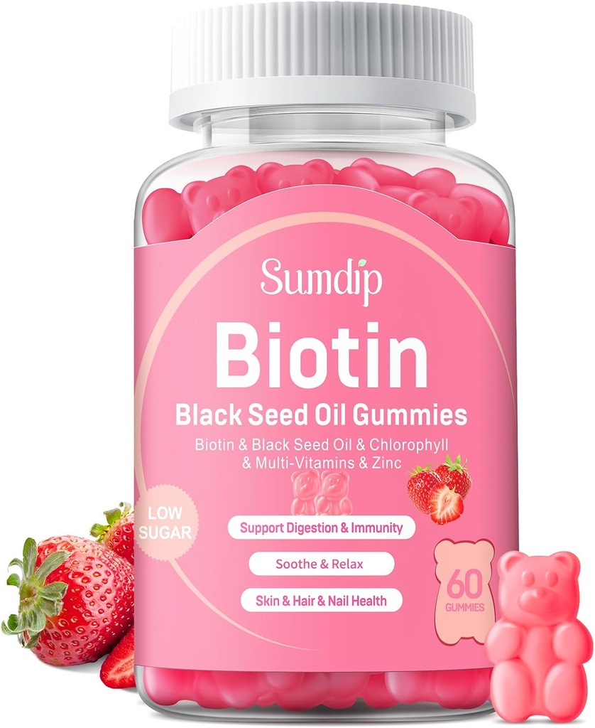 Mangas de aceite de semilla negra con biotina, soporte inmunológico Pelo sano sensibles para mujeres y hombres, clorofila, zinc, vitamina A, B6, B12, C, D, E, suplemento vegano - 60 Gummies