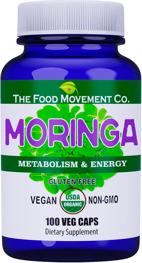 El Movimiento de Alimentos CO. Moringa - Certified Organic Superfood, Whole Body Wellness, Natural Energy Support, Supports Healthy Metabolism - 100 cápsulas Vegan