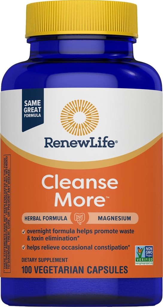 Renew Life Detox Cleanse Más, Reduce la regularidad de los sofocantes y de las restantes, Alivio del estreñimiento de la noche, Soya, lácteo y sin gluten, 100 cápsulas