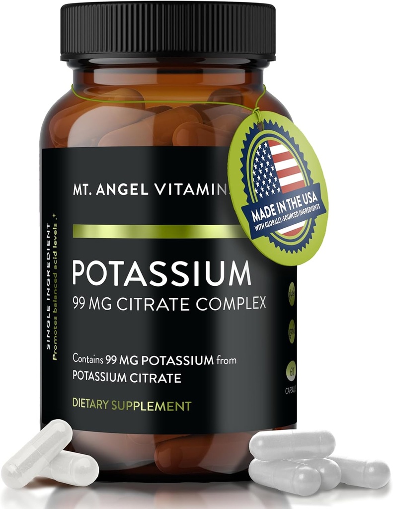Mt. Angel Vitaminas - Suplemento de Potasio, 99 MG Complejo de Citrato de Potasio, 60 cápsulas