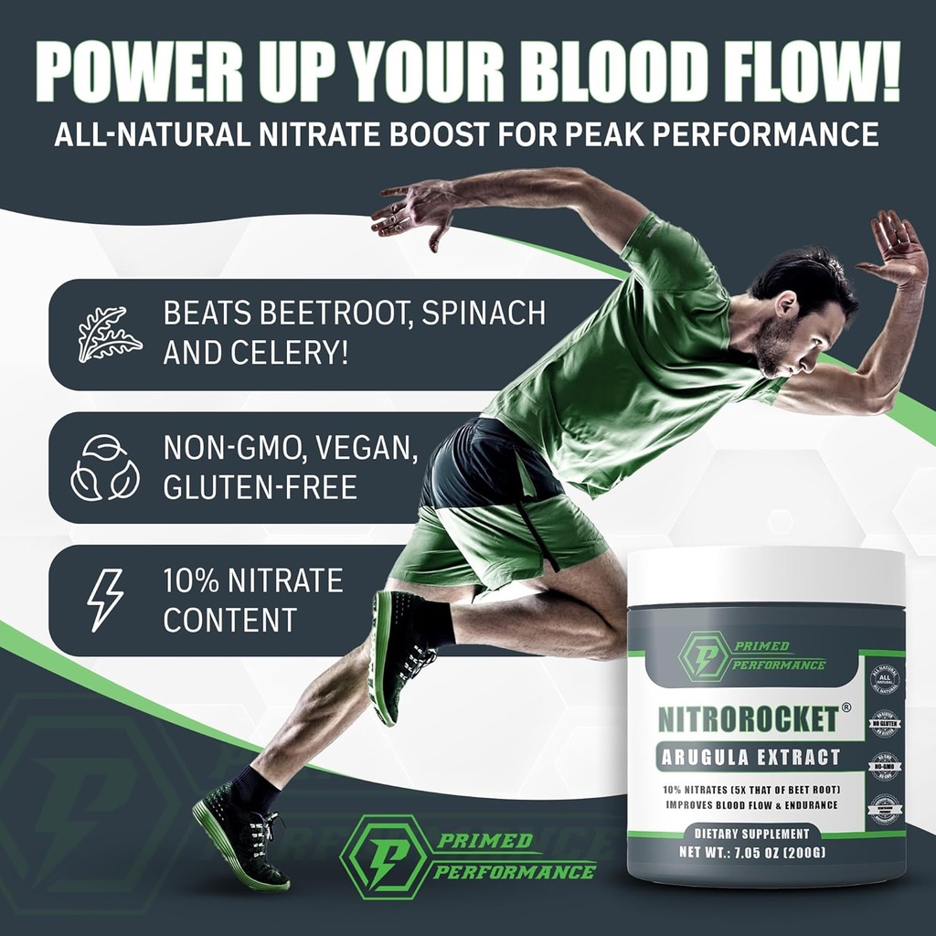 NitroRocket Nitric Oxide Supplement – Boost Circulation, Blood Flow, Endurance & Energy – Booster de nitratos de base vegetal para hombres y mujeres – 200g Powder