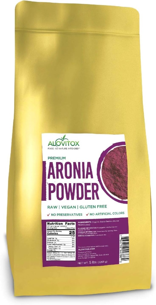 Aronia Juice Powder ← Antioxidante Dense Superfood Naturalmente Contención Fibra dietética, Vitaminas A, K, C, y E, Calcio e Hierro ANTE RAW, No GMO, Gluten Free, Agua Soluble RAW Aronia Juice Powder